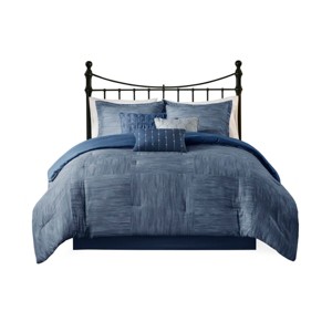 Gulches Navy Blue Modern Transitional Soft Brushed Microfiber Seersucker with Polyester Fill King 7 Piece Printed Seersucker Comforter Set Blanket - 1 of 4