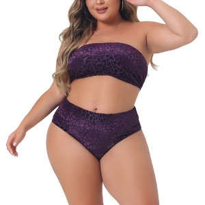 Agnes Orinda Women's Plus Size Two-Piece Bandeau Bikini Velvet Leopard Bikini Sets - 1 of 4