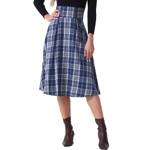 INSPIRE CHIC Women's Plaid High Elastic Waist Vintage Fall A-Line Midi Skirt - 1 of 4