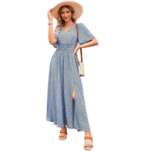 Clearlove Women's Floral Print V-Neck Ruffle Short-Sleeved Waist tie Dress Maxi Dress - 1 of 4