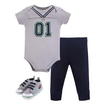 Little Treasure Baby Boy Cotton Bodysuit, Pant and Shoe 3pc Set, Football Jersey