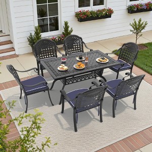 7-Piece Cast Aluminum Outdoor Dining Set: Rectangle Table, Stackable Chairs & Blue Cushions - All-Weather Patio Furniture for Your Backyard - 1 of 4