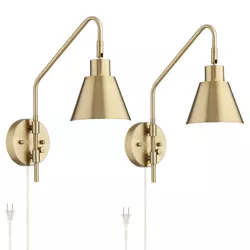 360 Lighting Modern Adjustable Swing Arm Wall Lamps Set of 2 Brass Plug-In Light Fixture Tapered Metal Shade for Bedroom Bedside