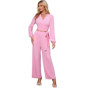 2 Piece Outfits for Women Fall Sets Long Sleeve Sexy V Neck Wrap Tie Knot Crop Tops Wide Leg Pants Sets - 1 of 4