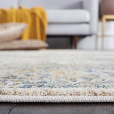 Ivory and Blue Hand-Knotted Square Synthetic Area Rug