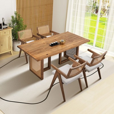 VYNXARIA 86.61 Inch Rectangular Waves Dining Table Set,Mid Century Modern Large Kitchen Set,Bohemian Dining Table with Rattan Weave for Restaurant