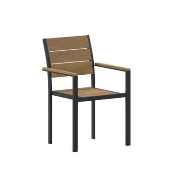 Flash Furniture Finch Commercial Grade Patio Chair with Arms, Stackable Side Chair with Faux Teak Poly Slats and Metal Frame, Natural/Gray