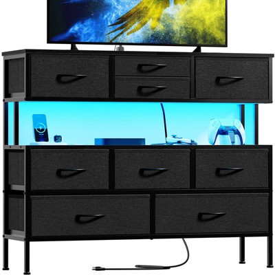 WOWLIVE 9 Drawer Dresser for Bedroom, Chest of Drawers with Fabric Drawer, 55’’ TV Stand with Charging Station and LED Lights