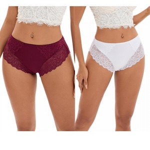 INSPIRE CHIC 2 Pcs Women's Wide Lace Trim Mid-Waisted Underwear Plus Size Full Coverage Comfortable Briefs - 1 of 4