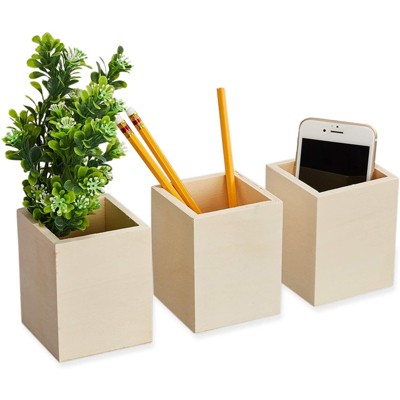 Genie Crafts 3 Pack Unfinished Wooden Pen and Pencil Holder Cups for Office Desk Organization and DIY Crafts, 3 x 3.5 in