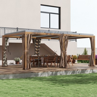 Natural Brown Aluminum Pergola with Adjustable Louvered Roof and Curtains