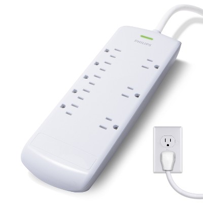 Philips 8-Outlet Surge Protector with 8ft Extension Cord, White