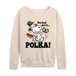 Women's - Peanuts - You Had Me At Polka Lightweight French Terry Wide Neck Long Sleeve Shirt - 1 of 4