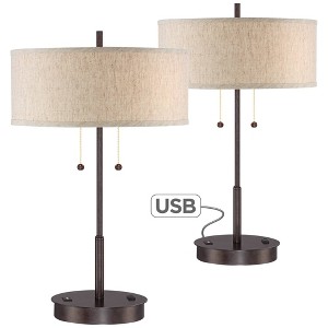 360 Lighting Modern Accent Table Lamps 23.5" High Set of 2 with Hotel Style USB and AC Power Outlet in Base Bronze Fabric Drum Shade for Living Room - 1 of 4
