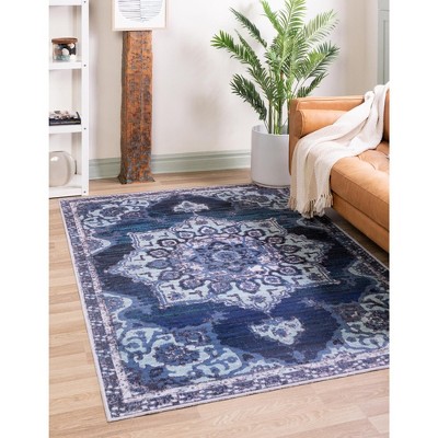 Navy Blue Medallion Washable Synthetic Area Rug