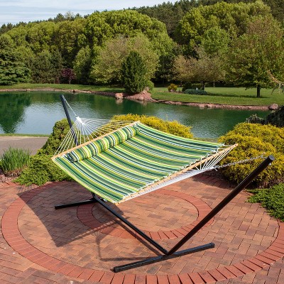 Green Quilted Fabric Hammock with Heavy-Duty Steel Stand