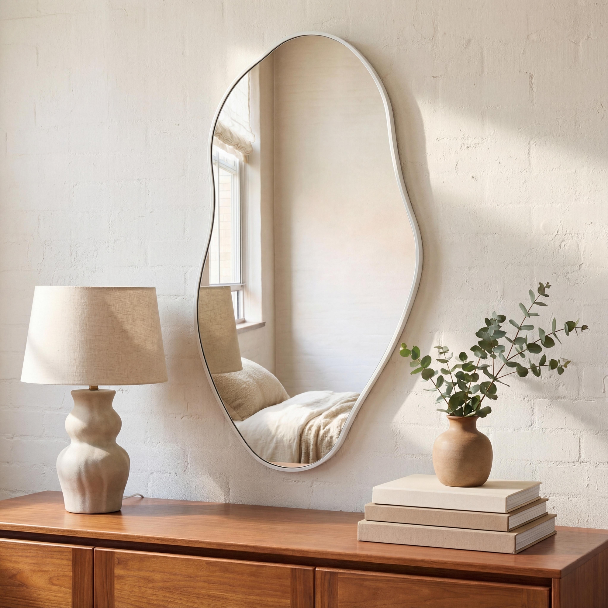 JONATHAN Y Everly 20 in. W x 42 in. H Large Irregular Framed Decorative Wall Mirror, White