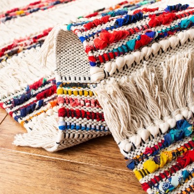 Ivory and Multicolor Striped Handwoven Wool Area Rug, 3' x 5'