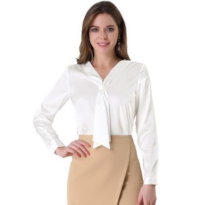 Allegra K Women's Satin Tie Neck Long Sleeve Solid Color Elegant Office Shirt - 1 of 4