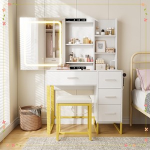 Makeup Vanity Set with 4 Drawers, Storage Shelves, Cushioned Stool for Bedroom - 1 of 4