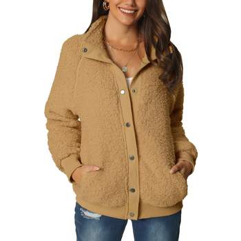 Seta T Women's Fashion Winter Faux Shearling Long Sleeve Lapel Button Down  Fleece Coat with Pockets Beige Small