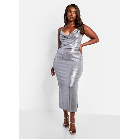 Silver satin midi outlet dress