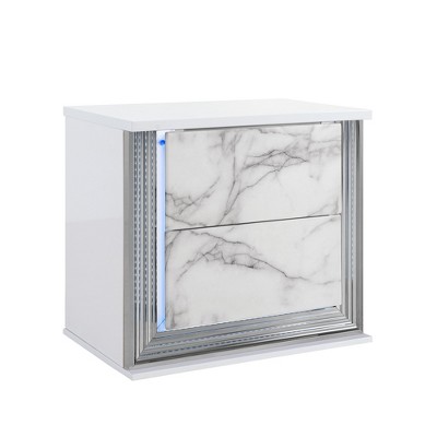 Vynxaria Modern Moon White Marble Nightstand with LED, Sleek Design, High Gloss Finish, Rich Chrome Accents