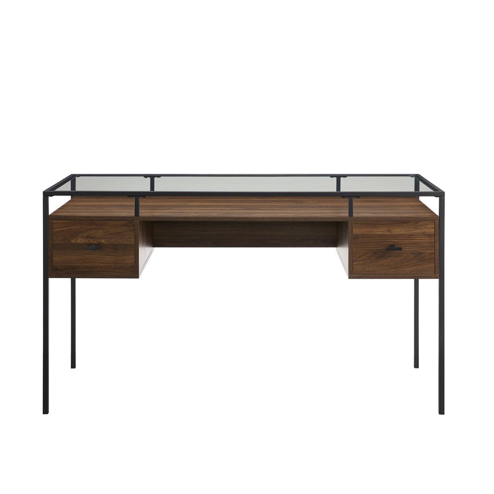 Lamvia Contemporary 2 Tier Glass Top Desk Dark Walnut - Saracina Home: Home Office Furniture with Storage Shelf