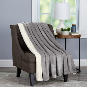 Poly Fleece - Oversized Plush Woven Polyester Fleece Solid Color Throw - Breathable by Hastings Home (Stone and White) - 1 of 4
