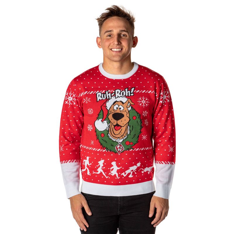 Scooby Doo Men's Ruh-Roh! Santa Scooby Christmas Ugly Sweater Knit Pullover, 1 of 8