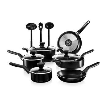 NutriChef 13 Piece Aluminum Nonstick Kitchen Cookware Pots and Pan Set with Lids, Strainer and Cooking Utensils, Black