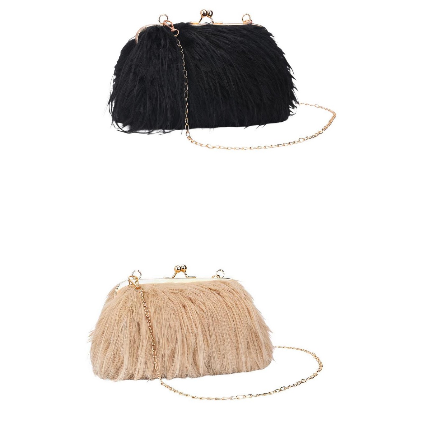 Женские клатчи INSPIRE CHIC 2 Packs Clutch Purse for Women Fluffy Feather Crossbody Pearl Handbag with Chain Khaki/Black, цвет: Хаки — фото 1