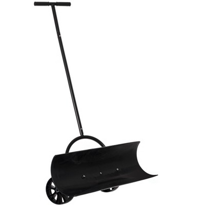Gardenised Black Heavy Duty Snow Shovel Rolling Pusher Remover with Wheels and Wide Blades