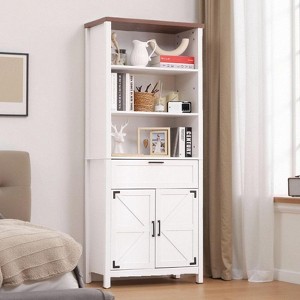 Coolmee Farmhouse Bookshelf, 72 inch Tall Bookshelf with Doors and Drawer, Storage Cabinet, Floor Standing Book Case for Home Office, Living Room - 1 of 4