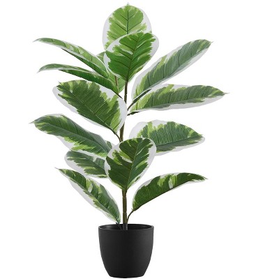 27" Tall Green and White Faux Rubber Plant in Black Pot