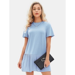 EXLURA Womens Summer Casual Short Sleeve Dress Crewneck Tshirt Dresses Pleated Aline Mini Dress 2025 Vacation Beach Sundress - 1 of 4