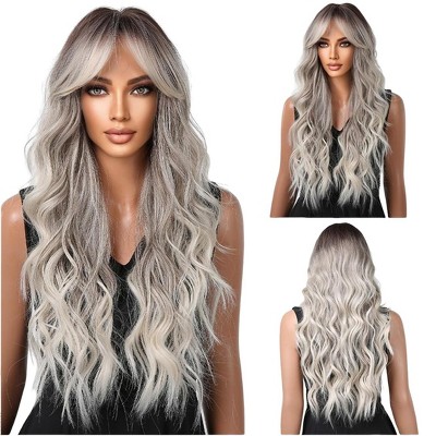 Jessie's Wig Cosplay Heat Resistan Long Curly Synthetic Wigs Long Ombre Brown Grey Curly Wig with Air Bangs Dark Roots 26 Inch 1 Pc/Pack