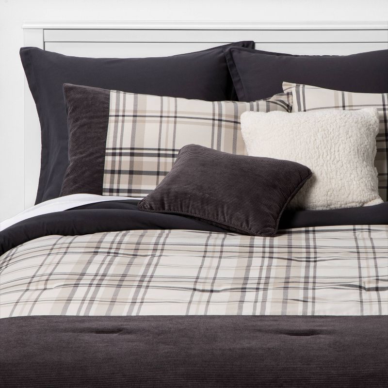 8pc Plaid with Corduroy Comforter Bedding Set Gray/Taupe - Threshold™, 1 of 7