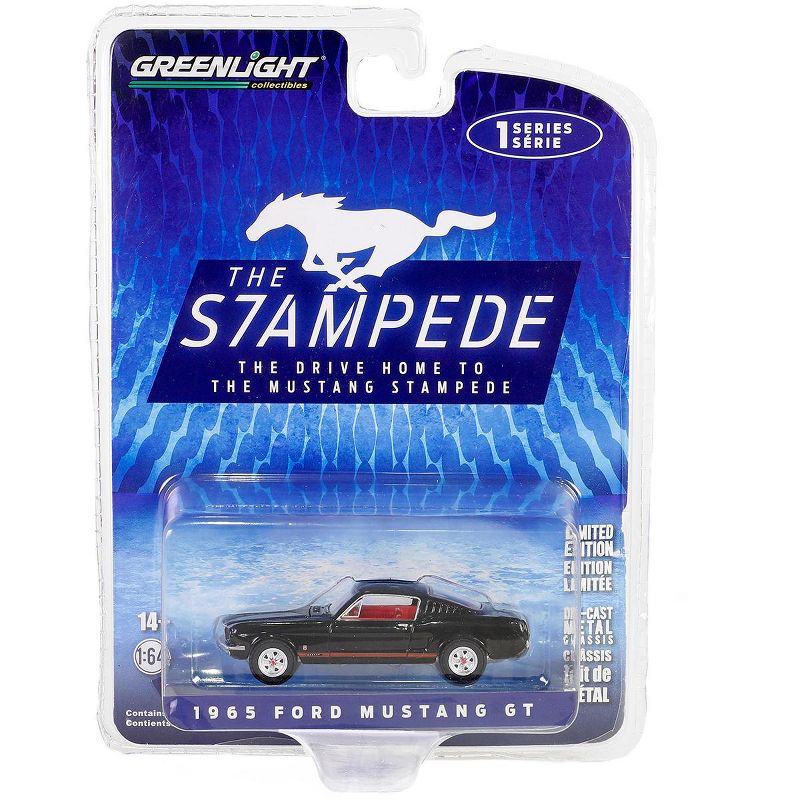 1965 Ford Mustang GT Raven Black with Red Stripes and Red Interior 1/64 Diecast Model Car by Greenlight, 3 of 4