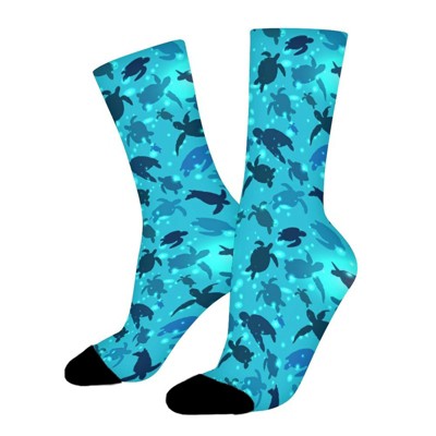 Turtle Swims Women Printed Crew Socks Funny Funky Socks Soft Polyester Novelty Gifts for Artists Men