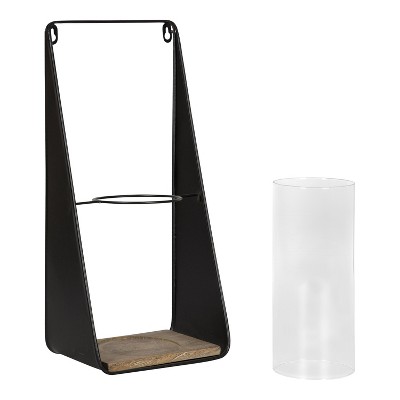 Black and Natural Wood Wall Sconce Set with Glass Chimney