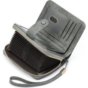 Leather Credit Card Holder Wallet for Women RFID Blocking Large Capacity Bifold Zipper Card Case Organizer with Wristlet 24 Slots,Gray - 1 of 4