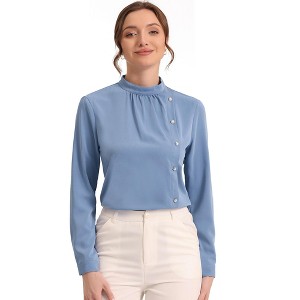 Allegra K Women's Elegant Stand Collar Long Sleeve Button Decor Office Blouse - 1 of 4