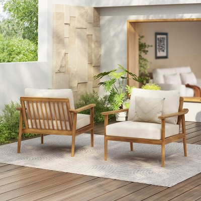 1pc Outdoor Lounge Chair Solid Wood Frame Polyester Cushions Weather Resistant Mid Century Accent Chair for Patio Garden Balcony - Coolbibila