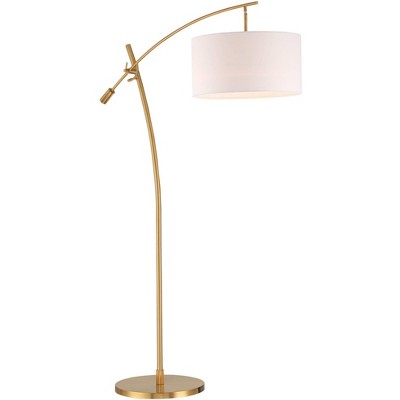 Adjustable White Linen Drum Shade Arc Floor Lamp