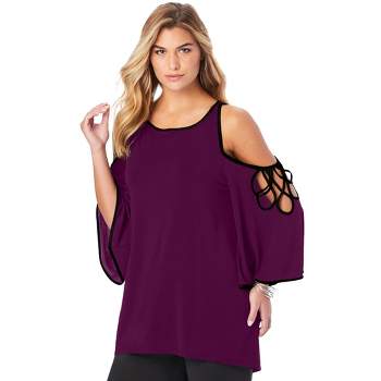 Roaman's Women's Plus Size Tipped Cold-shoulder Ultrasmooth Fabric Top ...