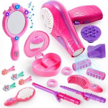 Syncfun 17Pcs Girls Beauty Salon Set, Pretend Play Doll Hair Stylist Toy Kit for Kids Toddler Fashion Cutting Makeup Party Favor, Birthday Gift