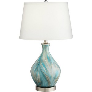360 Lighting Modern Accent Table Lamp with Dimmer 22" High Blue Gray Art Glass White Drum Shade for Bedroom Living Room Bedside - 1 of 4