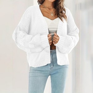 Women's Chunky Open Front Cable Knit Sweater Cardigan with Lantern Sleeves - 1 of 4
