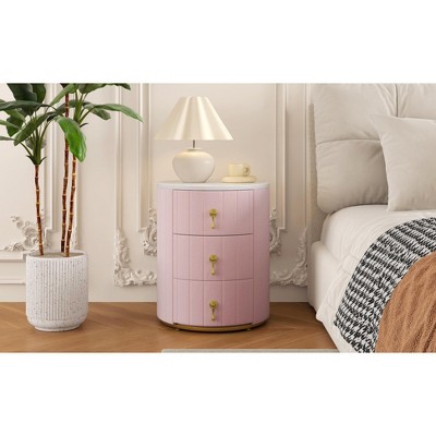 Vynxaria Elegant Upholstered Nightstand with 3 Drawers & Chic Marbling Top ¨C Fully Assembled Pink Bedside Table with Metal Handles